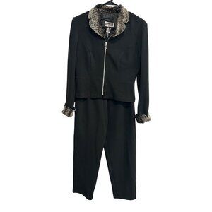 Indications Womens Black Pant Suit With Animal Print Trim
